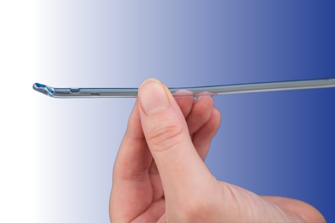 coude tip catheter in hand