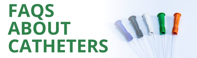 FAQs About Catheters featuring different catheter types with color-coded funnel ends.