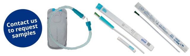 Selection of male catheters displayed. Blue circle reads 'Contact us to request samples.